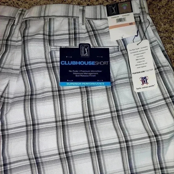 NWT PGA Tour Golf Shorts Mens 42 White Gray Tan Flat Front Plaid Slash Pockets - Picture 4 of 6